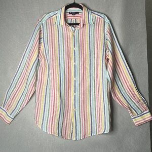 Mens 100% linen multi colored button down shirt by Cremieux. Like new condition